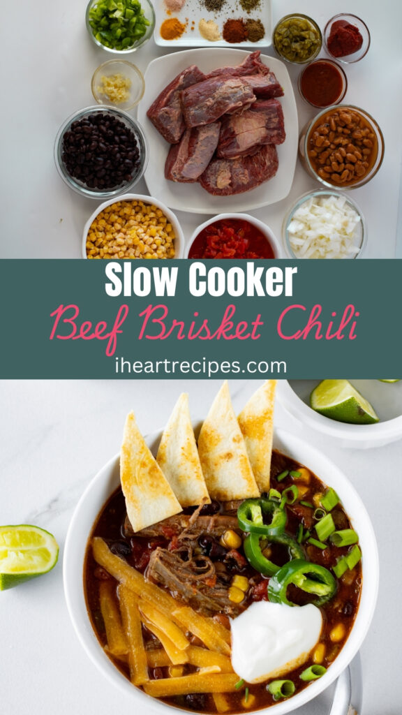 Two images of chili in different stages with image text overlay that reads, "Slow Cooker Beef Brisket Chili, iheartrecipes.com". 