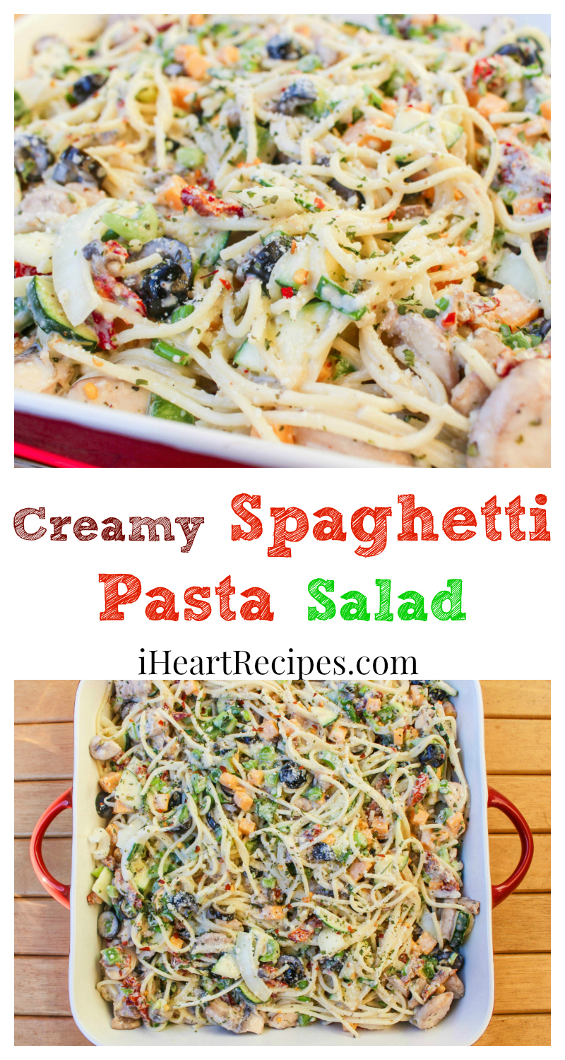 A Pinterest style graphic with two images of Italian spaghetti pasta salad served in a casserole dish. Text in the center of the image says "Creamy Spaghetti Pasta Salad" and "iHeartRecipes.com" in colorful text.