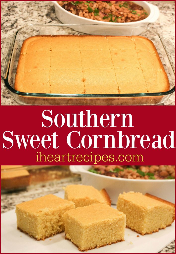 A Pinterest style graphic shows two images of cornbread - a casserole dish full of square cut pieces, and four slices of cornbread on a plate. Text across the center of the image says "Southern Sweet Cornbread" and "iheartrecipes.com" on a red background.